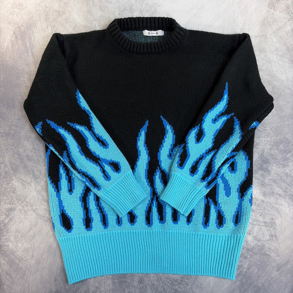 Y2K Blue Flame Knit Sweater Black Turquoise Streetwear Crewneck Pullover